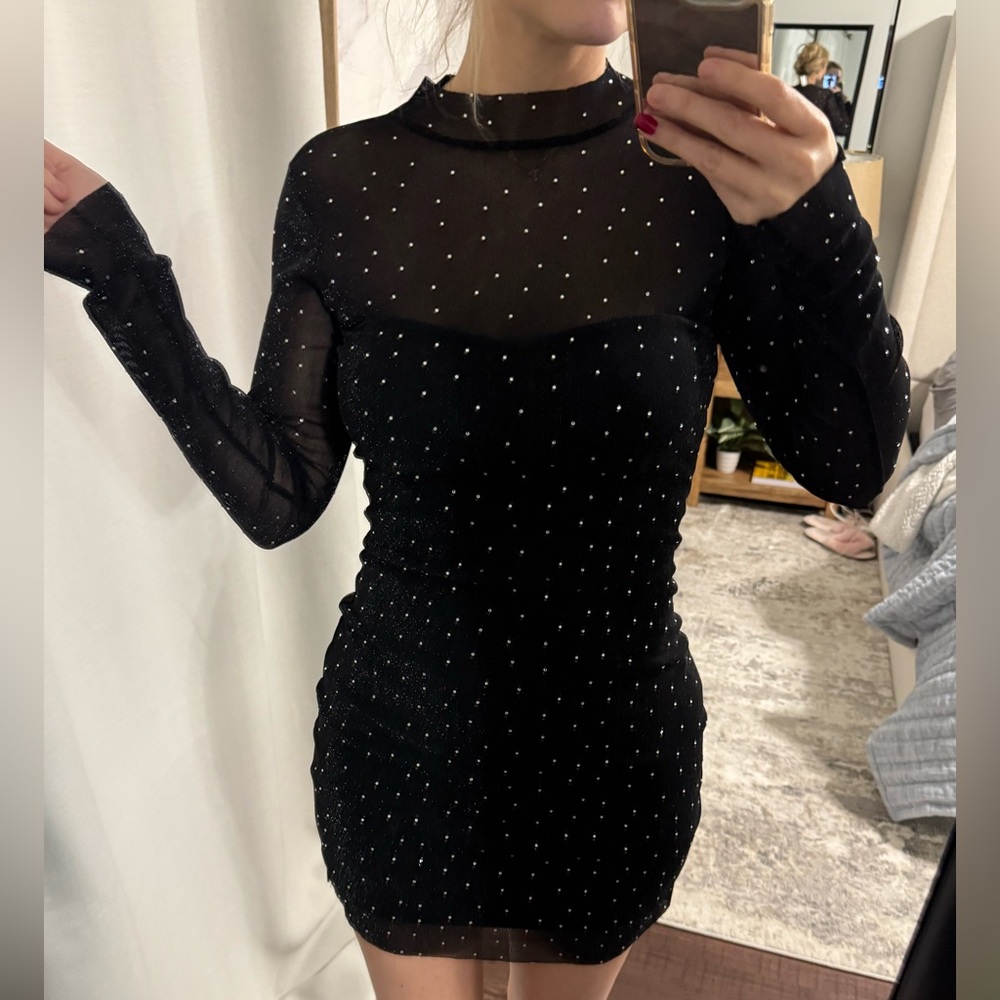 Elegant Black Sheer Bodycon Rhinestone Sparkle Party NYE Holiday Birthday Dress - Picture 5 of 8